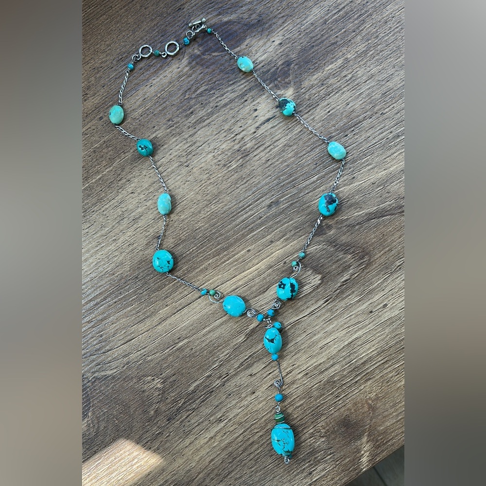 Boho Vintage silver turquoise statement 
Y necklace and earrings. - Picture 4 of 10